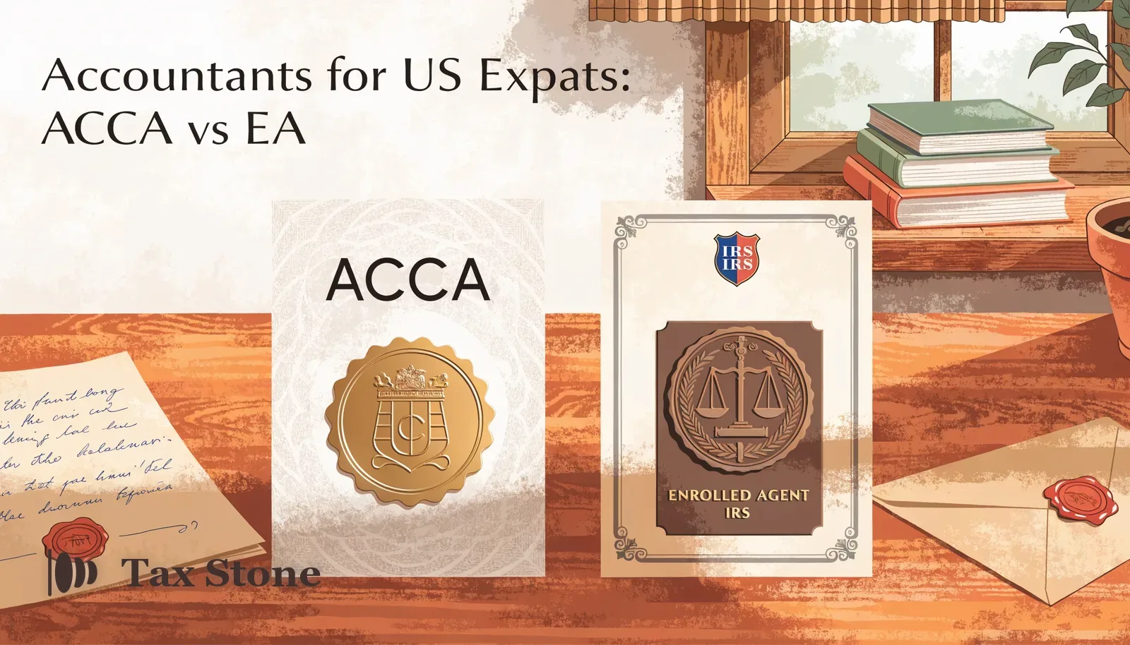 TaxStone hero image — ACCA and IRS Enrolled Agent credentials side by side, illustrating which accountant US expats in the UK need.