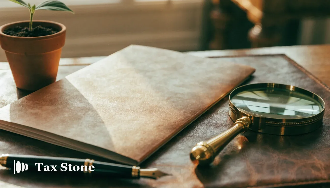 TaxStone hero image — a share certificate folder, a brass magnifying glass and a young seedling in a terracotta pot on a leather desk blotter in warm light, representing EIS and SEIS investing for US citizens in the UK