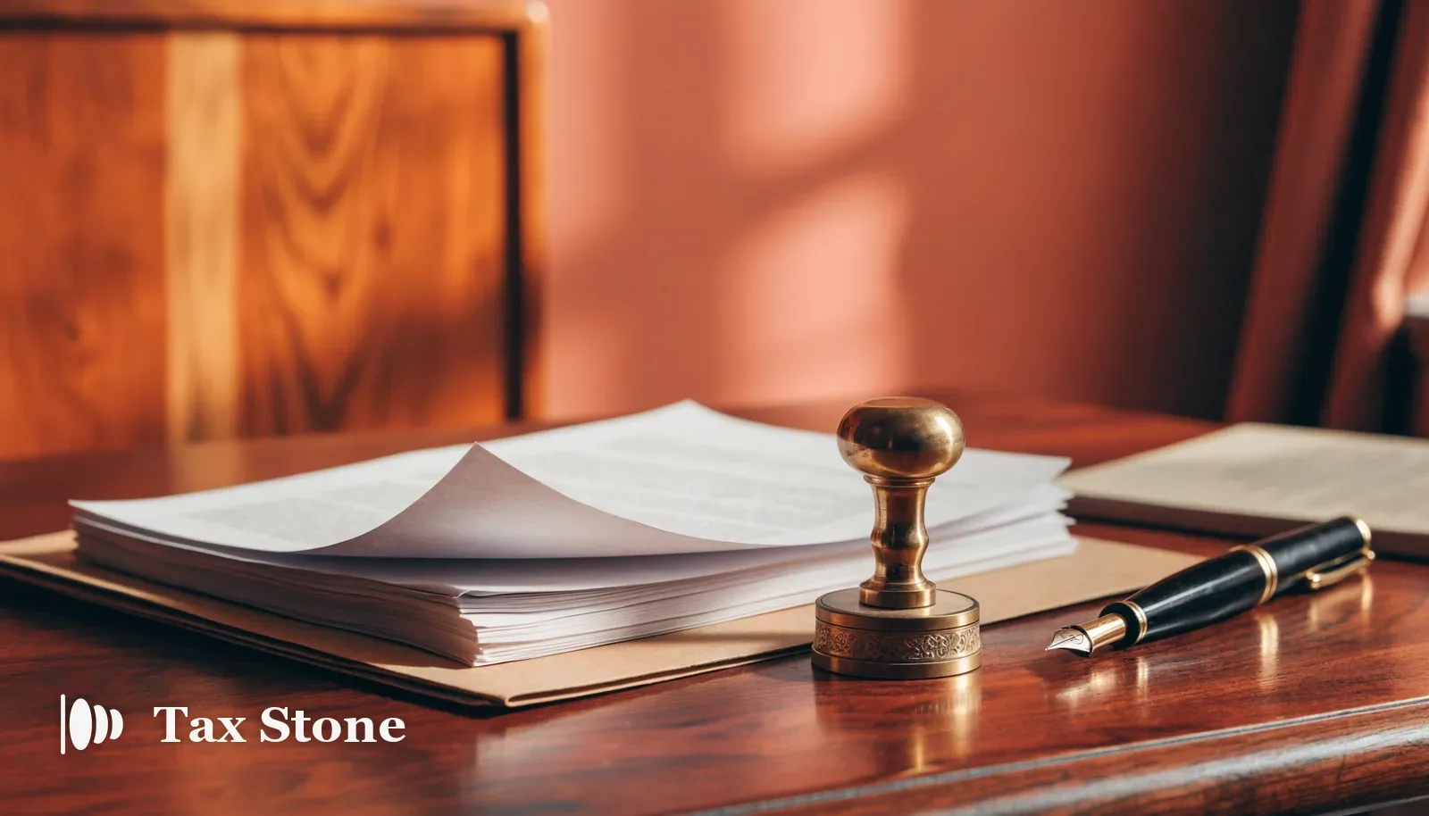 TaxStone hero image — a manila folder of corporate filing papers, a brass company seal and a fountain pen on a walnut desk in warm terracotta light, representing Form 5472 reporting for foreign-owned US LLCs