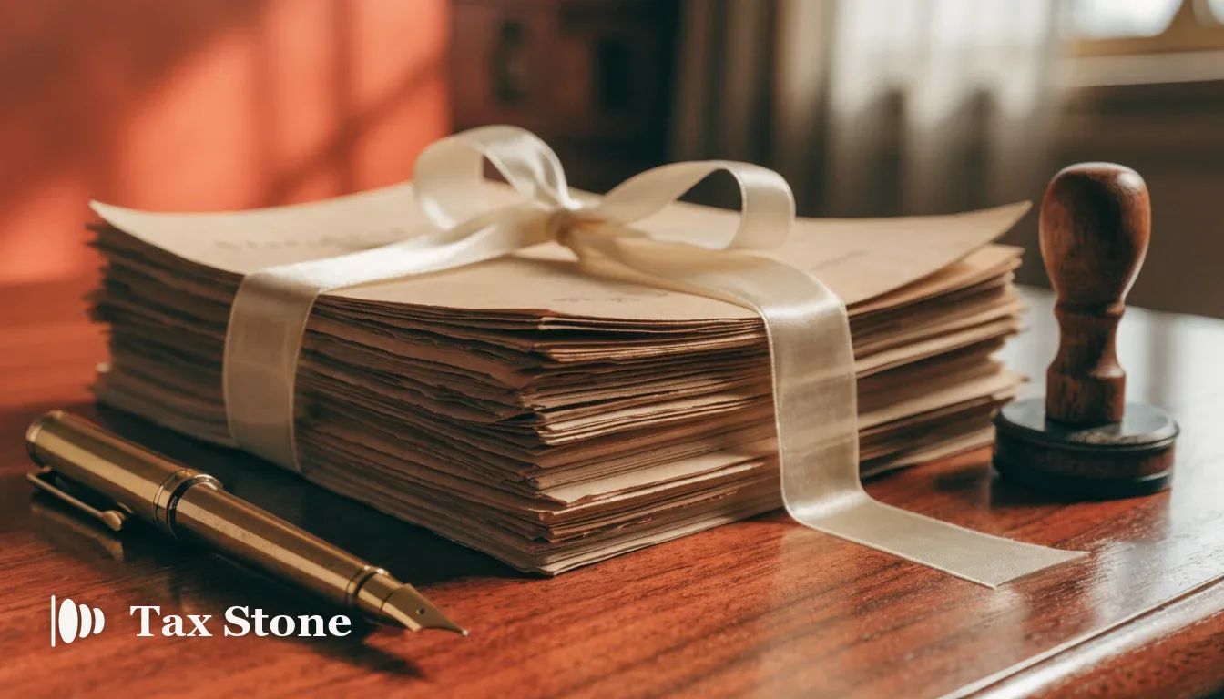 TaxStone hero image — a stack of partnership deeds bound with cream ribbon, a brass fountain pen and a vintage stamp on a walnut desk in warm terracotta light, representing Form 8865 reporting for US partners in UK LLPs