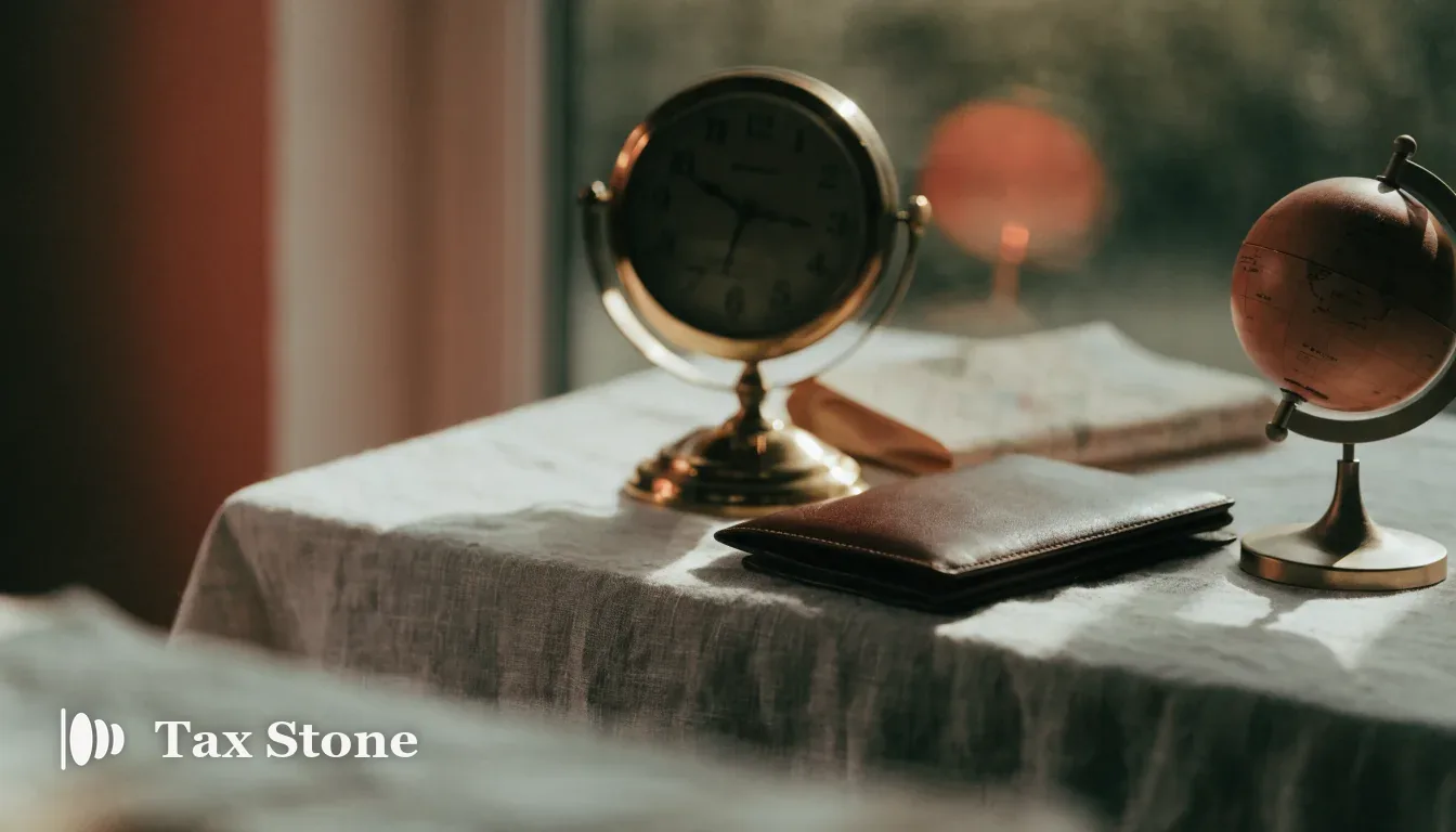 TaxStone hero image — a brass desk clock, a leather passport wallet, a folded map and a small globe on linen in warm terracotta light, representing a twelve-month cross-border tax planning timeline