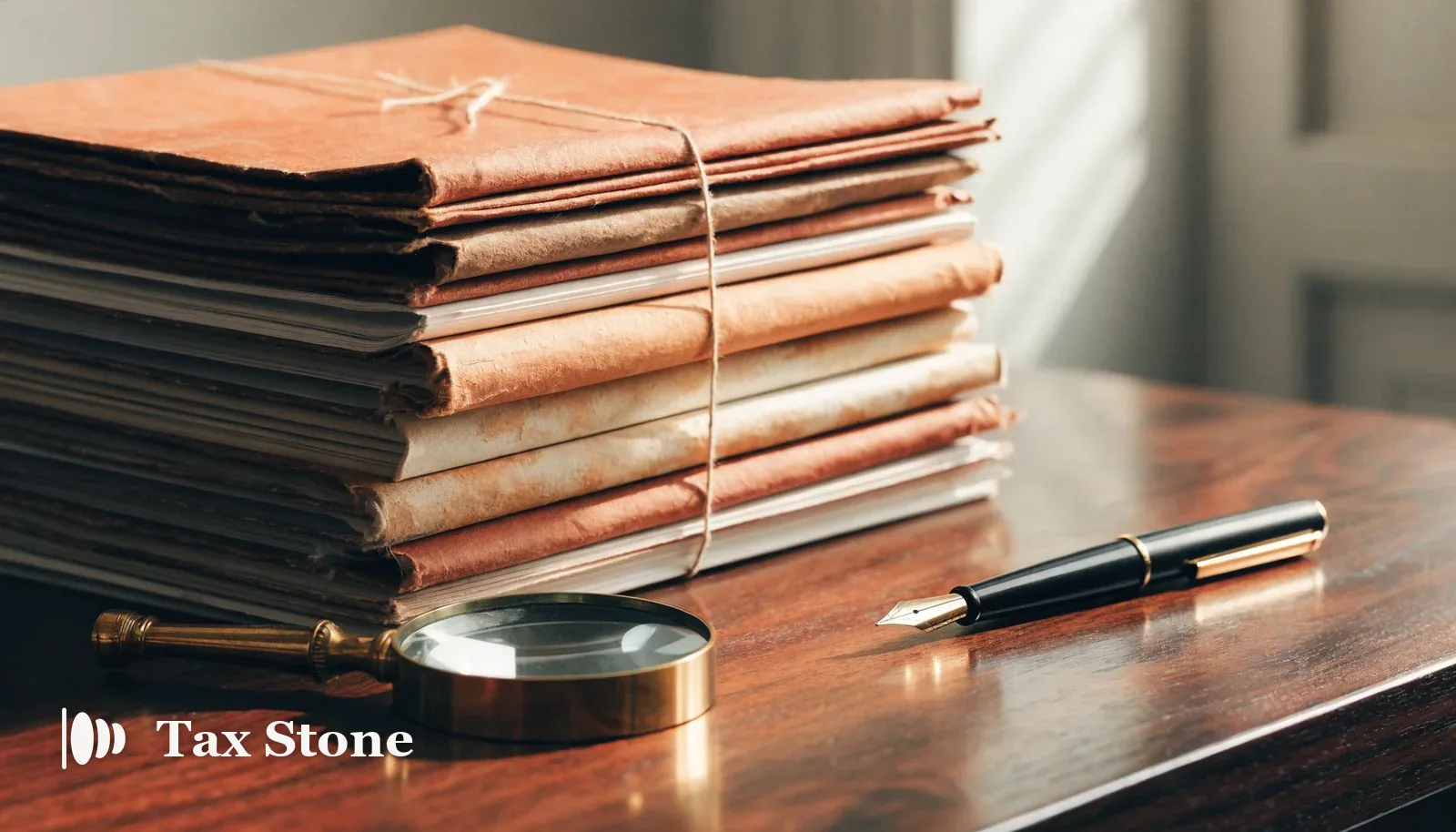TaxStone hero image — a stack of bound archive folders, a magnifying glass and a fountain pen on a walnut desk in warm terracotta light, representing the vetting of IRS streamlined filing experts