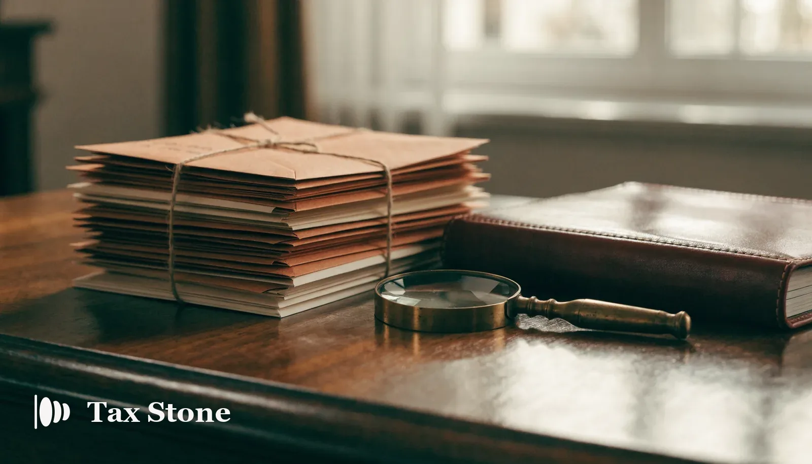 TaxStone hero image — a bundle of unopened envelopes tied with string beside a closed leather ledger and a brass magnifying glass on a dark wood desk in warm terracotta light, representing years of missed US tax returns