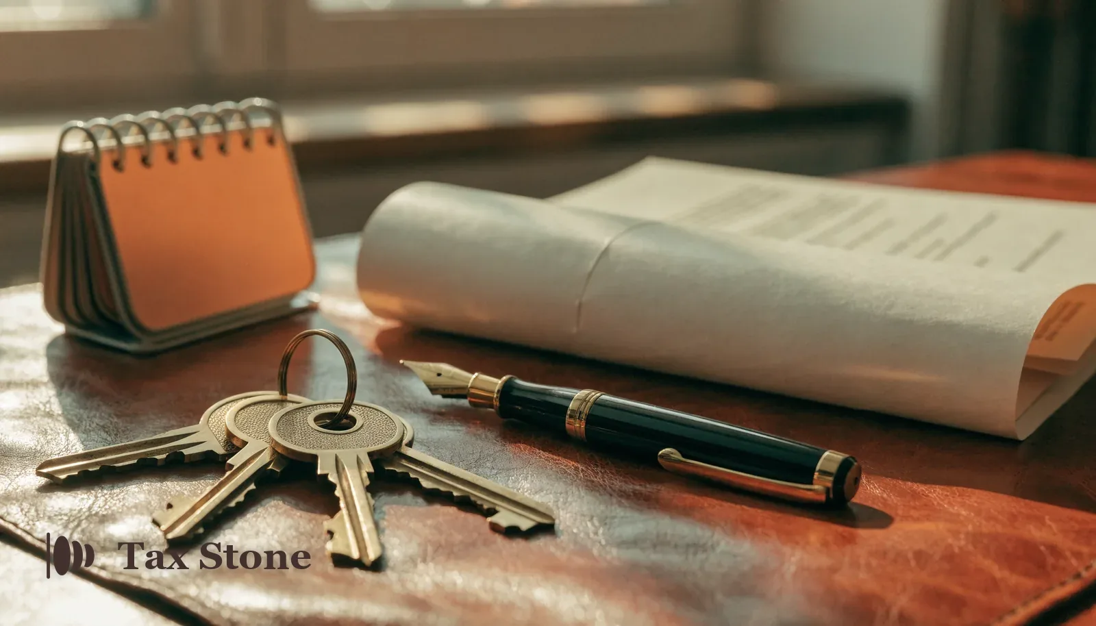 TaxStone hero image — brass house keys, a folded completion statement and a desk calendar on a leather blotter in warm terracotta light, representing the 60-day CGT return deadline for non-residents selling UK property