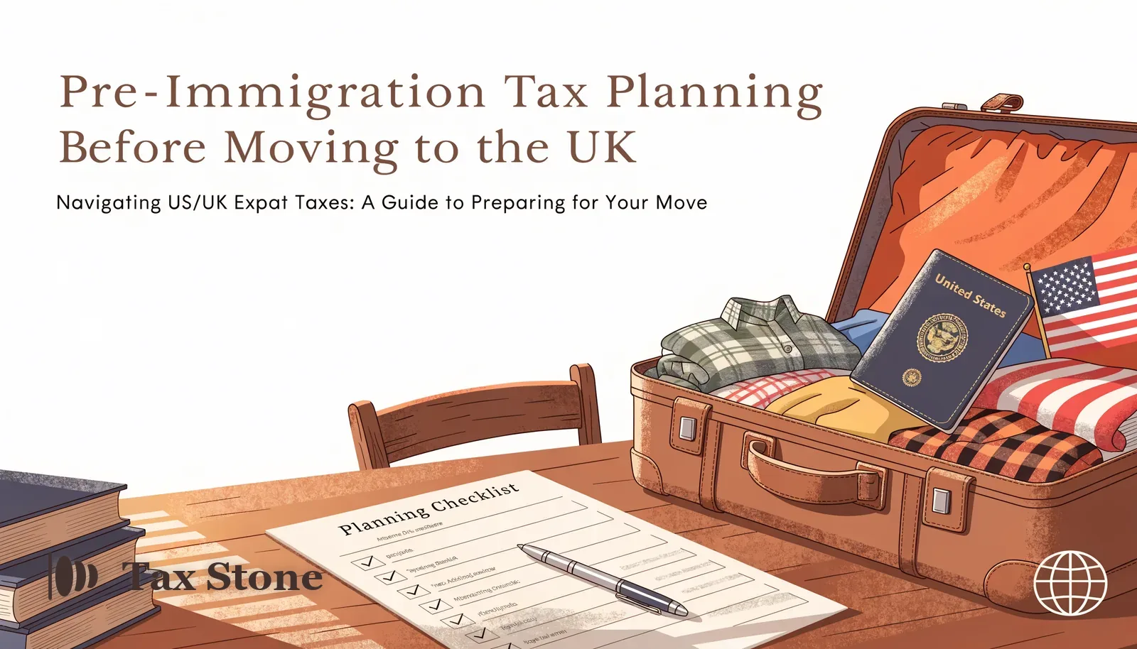TaxStone hero image — a packed suitcase, US passport and planning checklist, illustrating pre-immigration tax planning before moving to the UK.