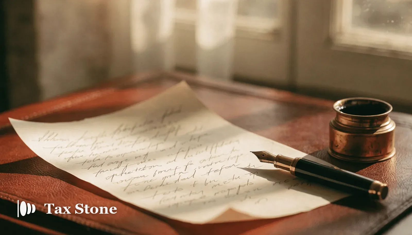 TaxStone hero image — a handwritten letter on cream paper, an uncapped fountain pen and a brass inkwell on a leather blotter in warm terracotta light, representing the Form 14653 non-willfulness certification