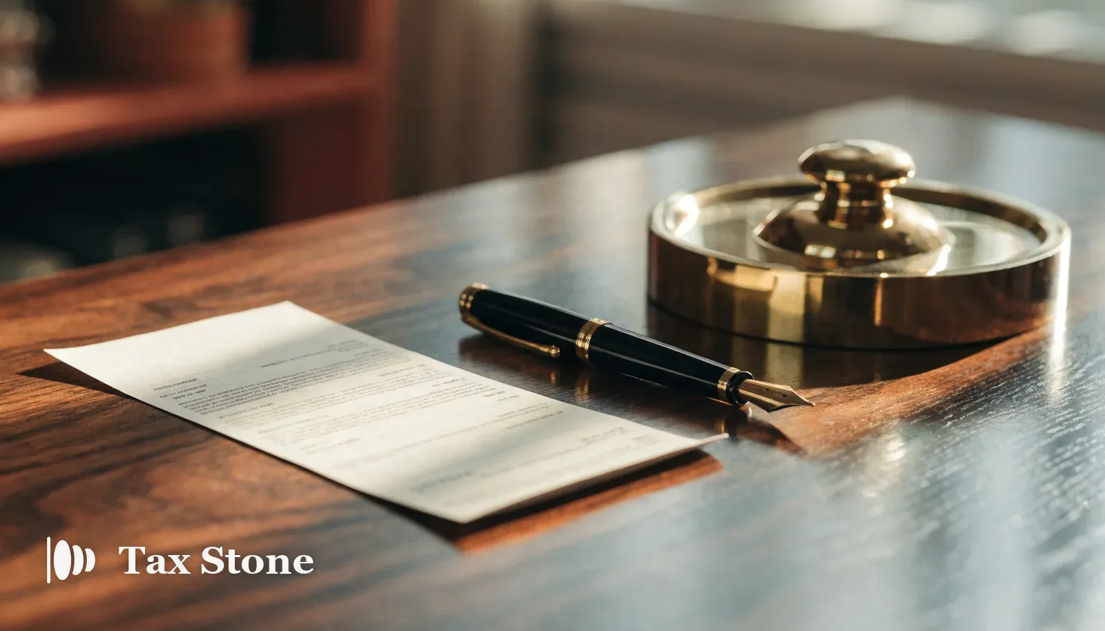 TaxStone hero image — a fountain pen, a payslip and a brass paperweight on a walnut desk in warm terracotta light, representing the UK 60% tax trap between £100,000 and £125,140