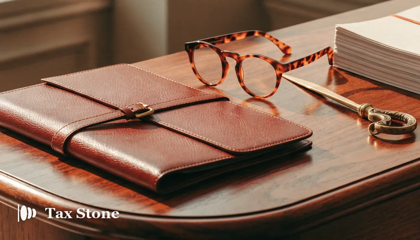 TaxStone hero image — a leather folio, tortoiseshell glasses and a brass letter opener beside a neatly bound tax file on a walnut desk in warm light, representing US personal tax services for high-net-worth clients