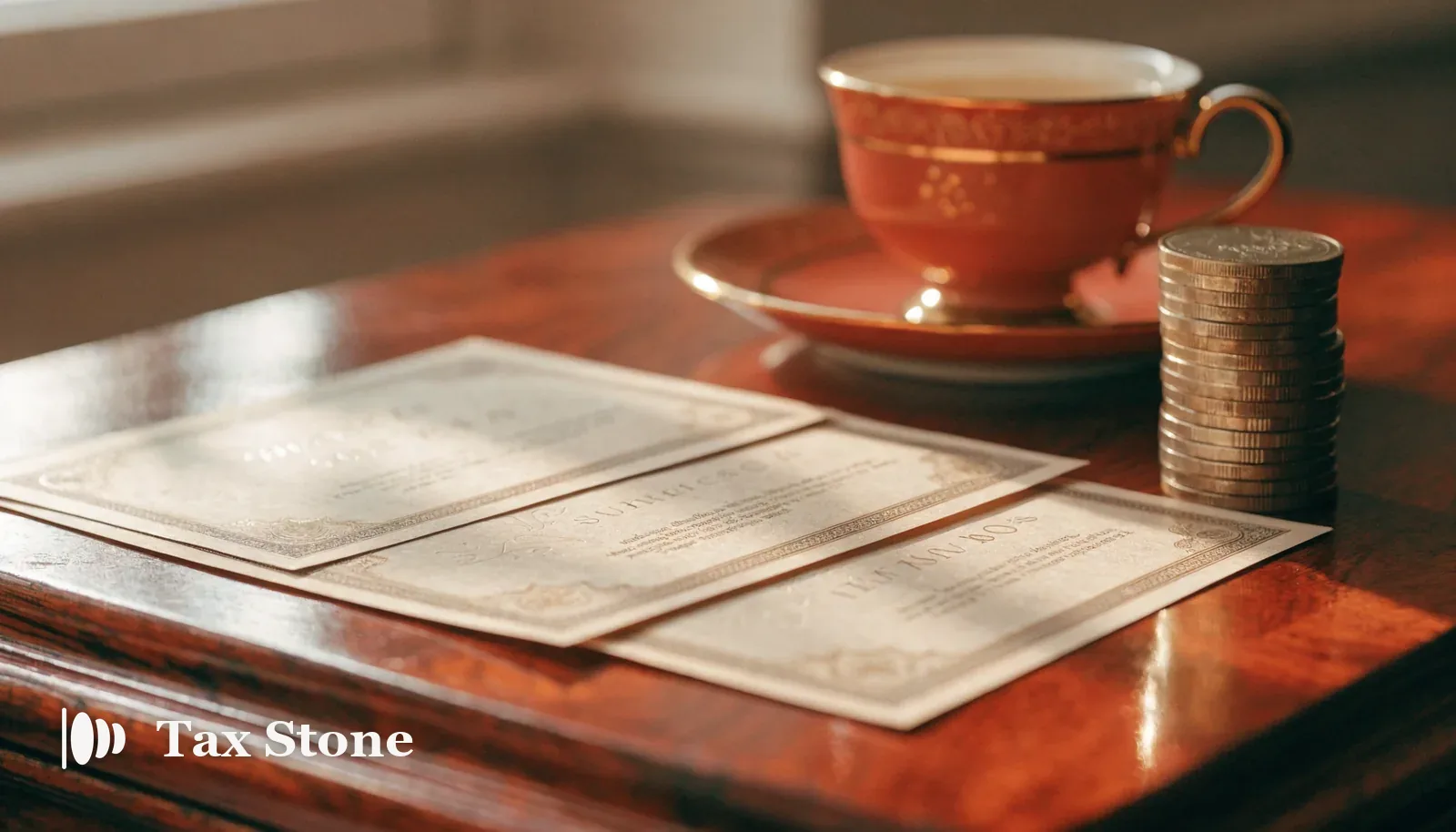 Share certificates and a stack of British pound coins beside a porcelain teacup — TaxStone UK dividend tax calculator