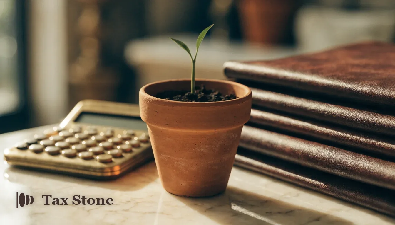 A brass calculator, a young shoot in a terracotta pot and a stack of investment folders on cream marble in warm light — TaxStone EIS and SEIS tax relief calculator for 2026/27
