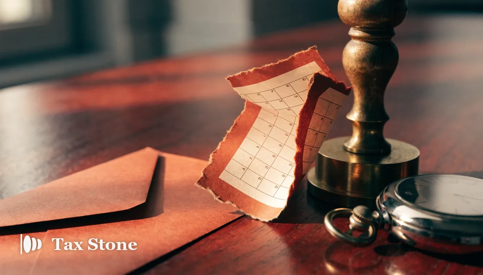 A torn January calendar page, a brass stamp and a pocket watch on a dark wood desk in warm light — TaxStone UK Self Assessment penalty calculator for 2026