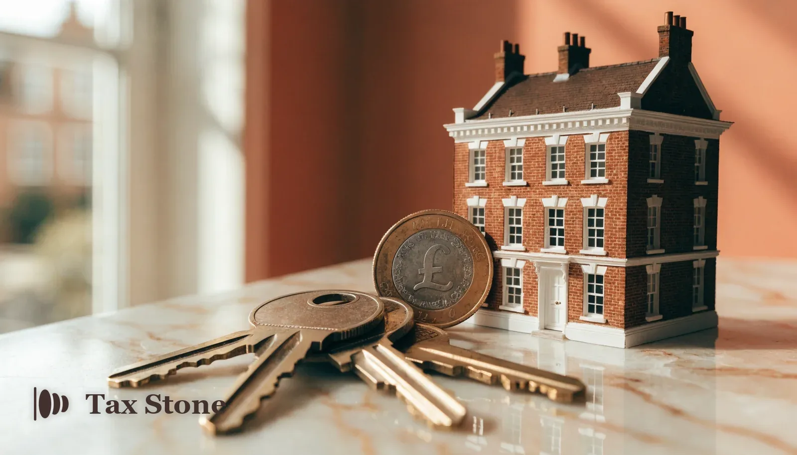 Brass house keys and a model of a classic London townhouse on a marble surface — TaxStone UK stamp duty (SDLT) calculator