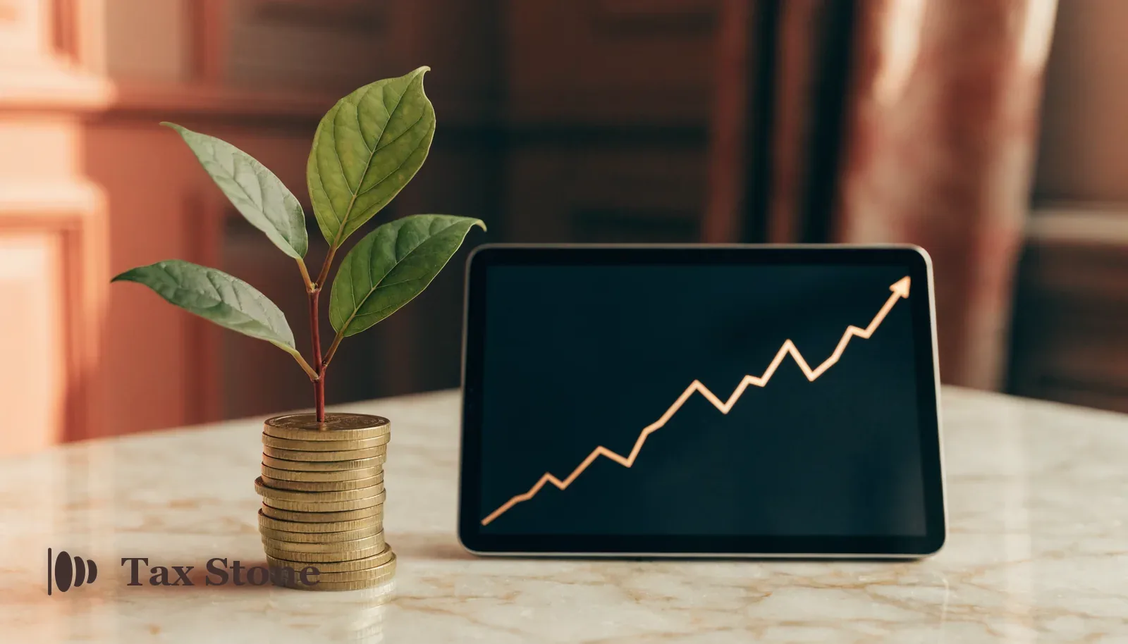 Green plant growing from a stack of gold coins beside a rising investment chart — TaxStone US capital gains tax calculator
