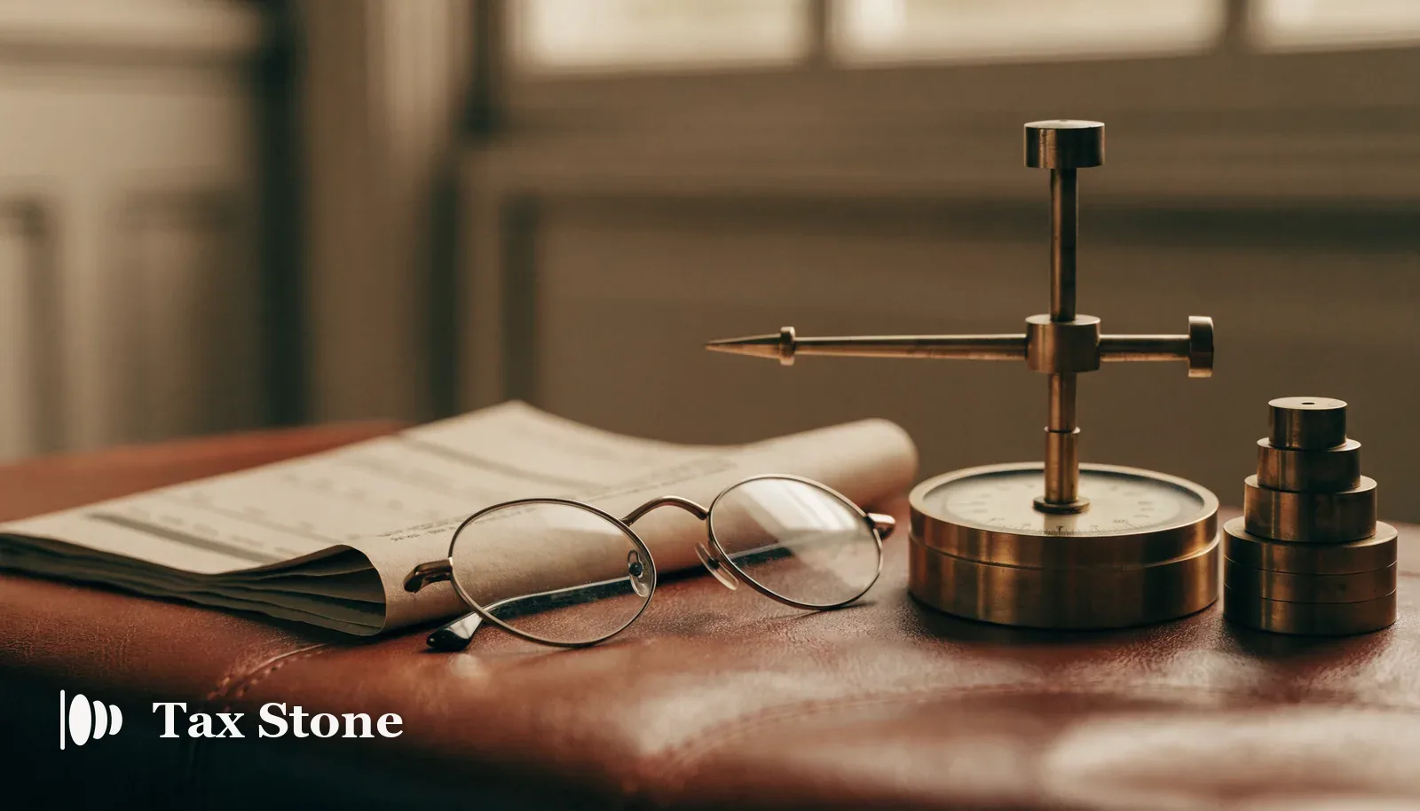 A brass measuring gauge, stacked weights and a folded bank statement on a leather blotter in warm light — TaxStone Form 8938 threshold calculator
