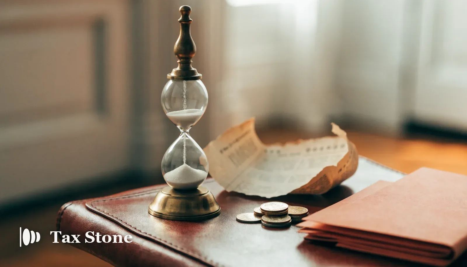 A brass hourglass, a torn calendar page and a folded tax notice on a leather desk blotter in warm light — TaxStone IRS late filing penalty calculator for 2026