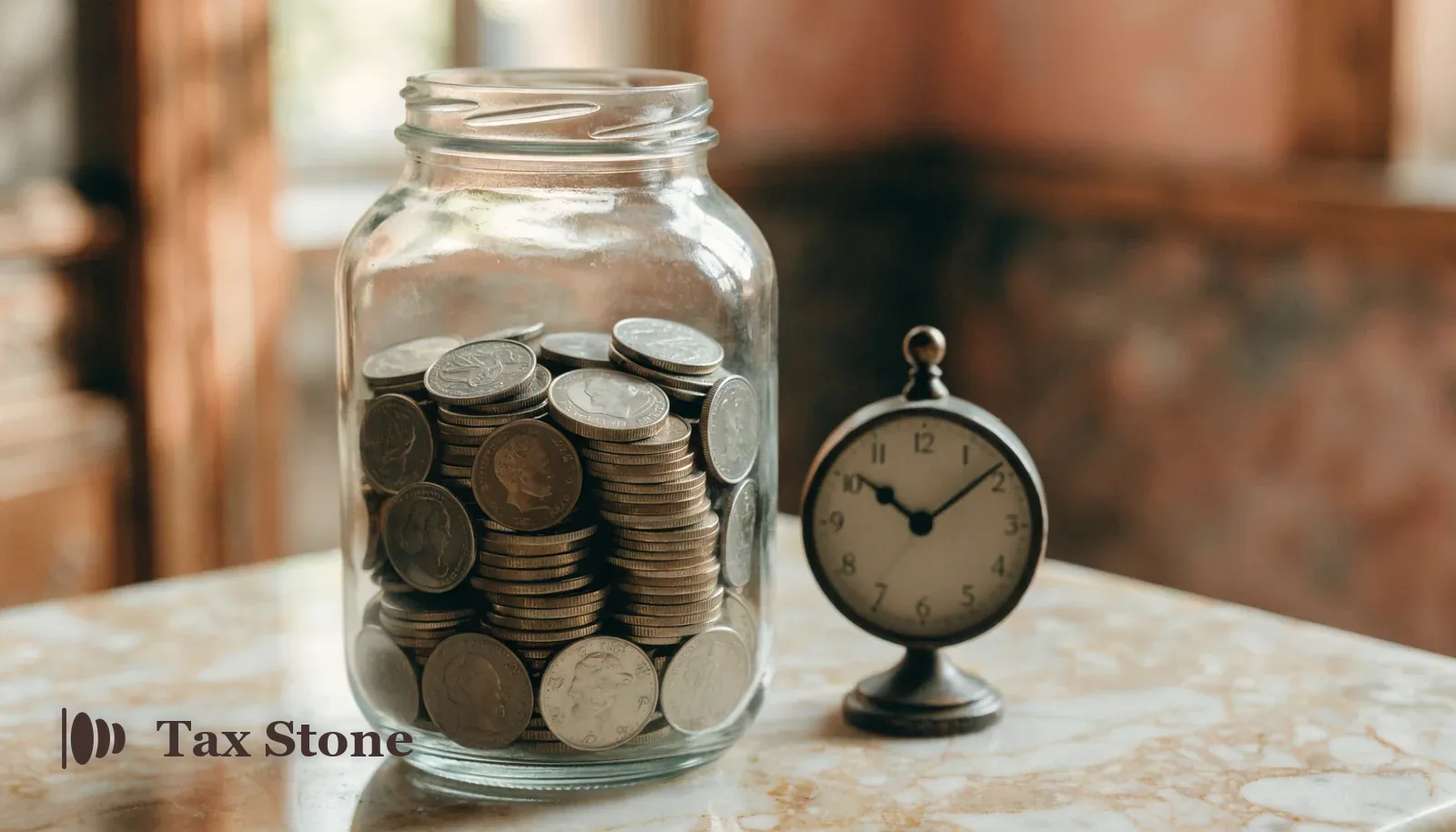 A glass jar of US dollar coins beside a vintage clock — TaxStone US retirement withdrawal (401k and IRA) tax calculator