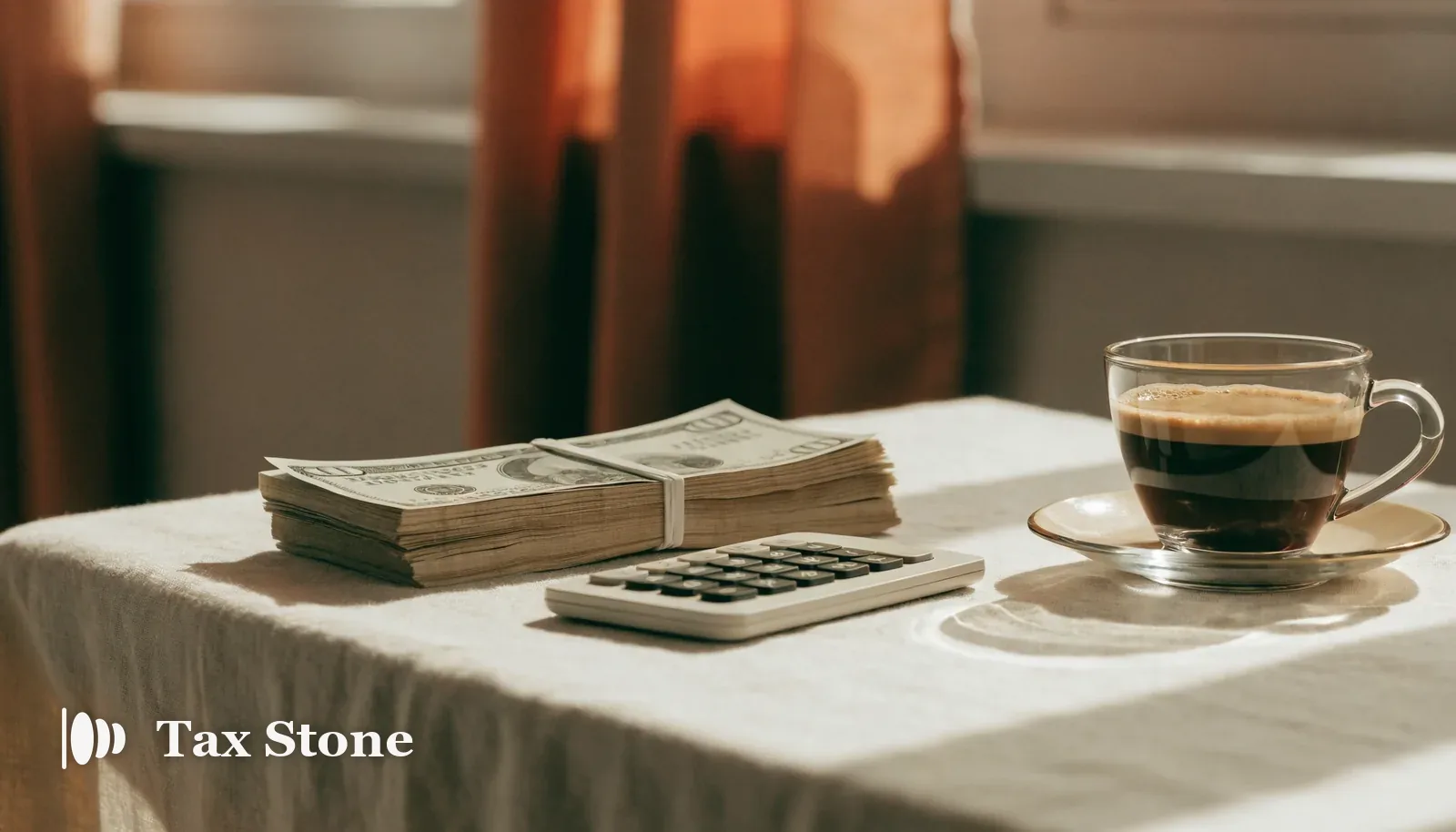 Stack of US dollar banknotes beside a calculator and espresso — TaxStone US take-home pay and paycheck calculator